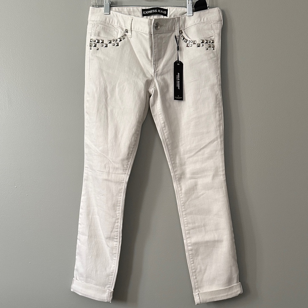 Express Stella White Studded Crop Ankle Skinny Jeans Low Rise NWT